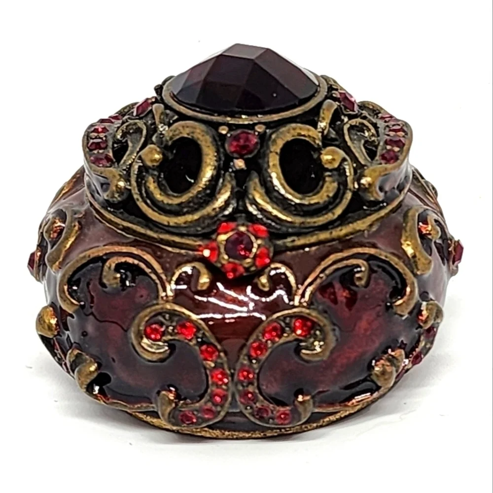 ENAMELED TRINKET BOX JULY BIRTHSTONE Red Faux Garnet Ruby Scroll Copper Toned